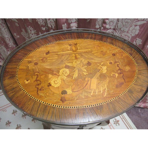 1318 - lLte C19th French oval kingwood occasional table, brass galleried top inlaid with a musical trophies... 