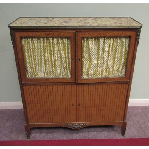 1156 - Late C19th French ormolu mounted kingwood side cabinet with inset marble top above a pair of brass g... 