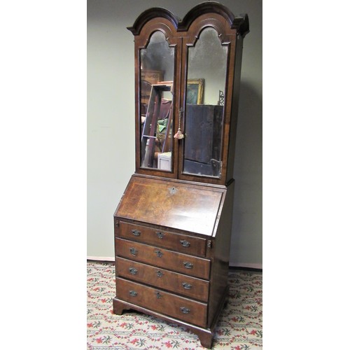 1452 - Small Queen Anne's style herring banded walnut double dome topped bureau bookcase with two mirrored ... 