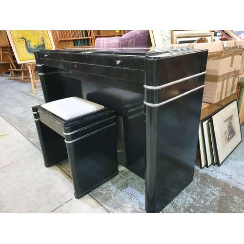 92 - Art Deco period Evestaff mini piano ebonised case with chrome plated mounts complete with stool, ret... 