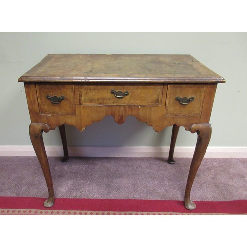 1443 - Late C18th herring banded walnut lowboy, moulded top above two deep and one shallow drawers with sha... 