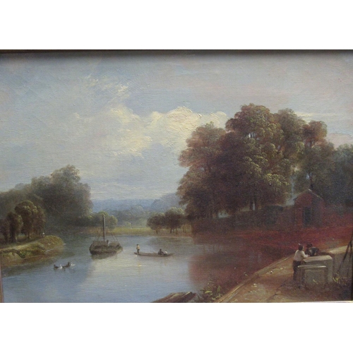 1237 - English School (C19th): Angler in a landscape with castle, and figures on a river tow path, pair of ... 