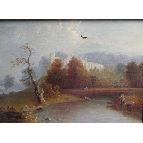 1237 - English School (C19th): Angler in a landscape with castle, and figures on a river tow path, pair of ... 