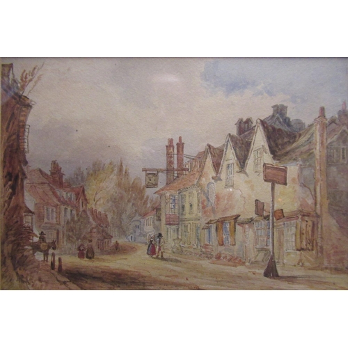 1239 - English School (C19th): Figure on a wooded path, village street scene, and two other similar landsca... 