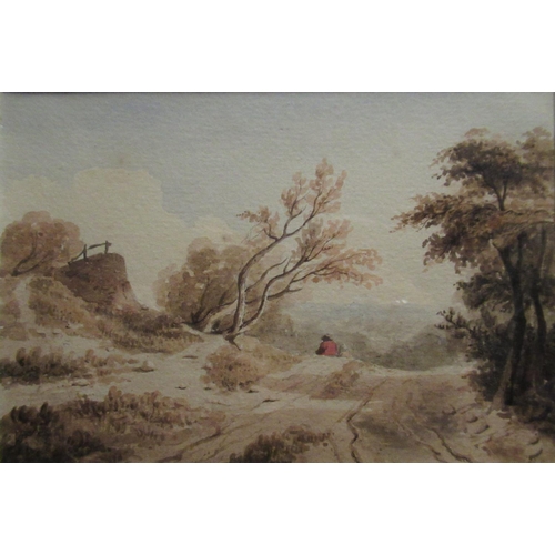 1239 - English School (C19th): Figure on a wooded path, village street scene, and two other similar landsca... 