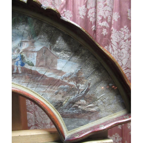 1248 - Early C19th French fan, painted with figures in a rural garden landscape, with silvered cut paper de... 