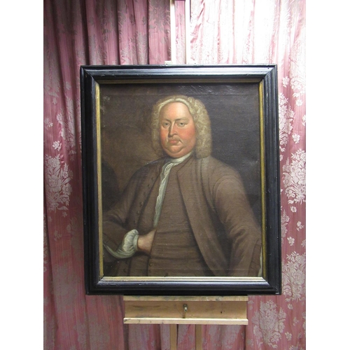 1024 - English School (C18th): Half length portrait of a gentleman with grey wig and white cravat, oil on c... 