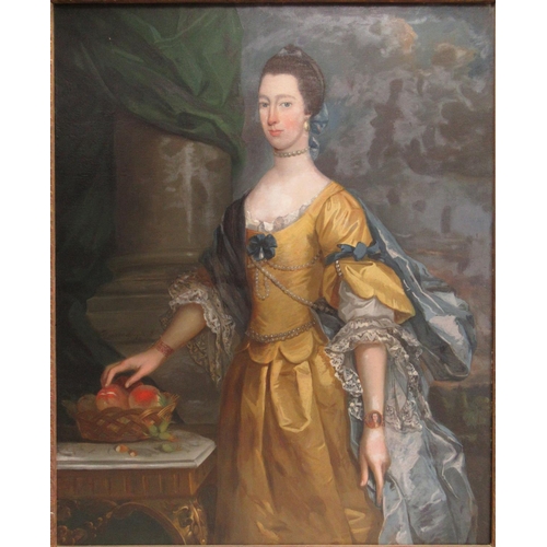 1025 - Style of J Woodington (C18th) Three quarter length portrait of a lady standing in yellow dress with ... 