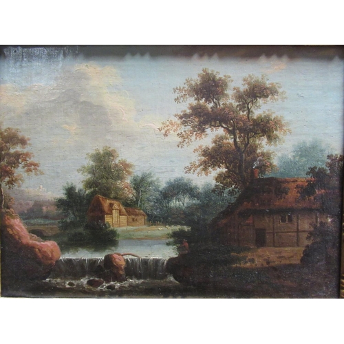1038 - English School (C19th): Cottage by a waterfall, oil on panel, 19cm x 25cm
