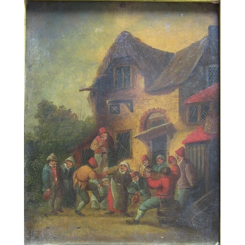 1039 - Dutch School (C19th): Figures carousing outside a village tavern, oil on oak panel, with old label v... 