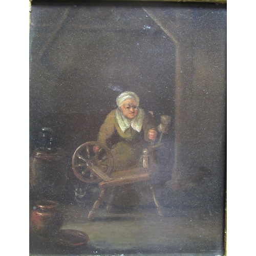 1034 - Dutch School (early C19th): Figures in a tavern interior and an old lady spinning, pair of oils on o... 