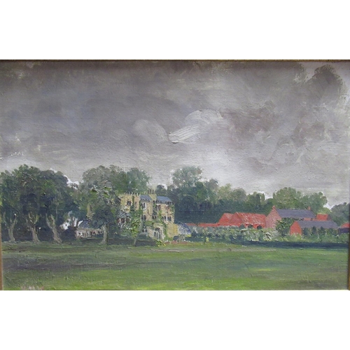 1042 - English School (C20th); Country House and buildings in a wooded landscape, oils on canvas, signed wi... 
