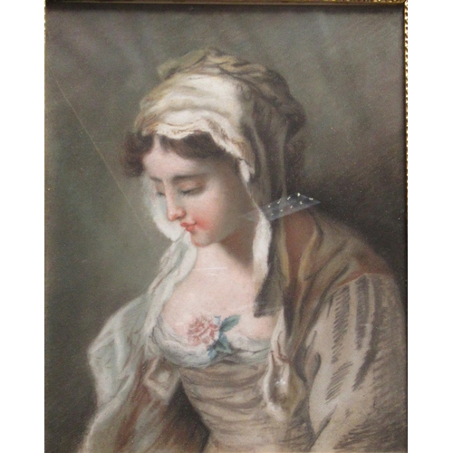 1029 - English School (C19th): Head and shoulder portrait of a girl with flower, pastel, 37cm x 29cm