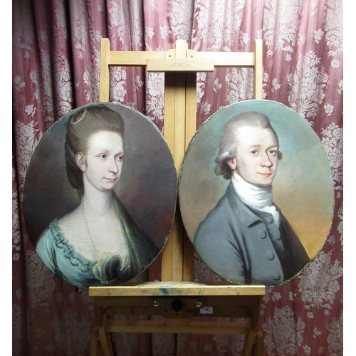 1027 - English School (late C18th) Pair of head and shoulder portraits of a lady and gentleman, oval oils o... 