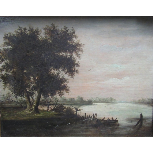 1233 - Dutch School (C18th): figures in a boat in a wooded river landscape, oils on oak panel, 25cm x 35cm,... 