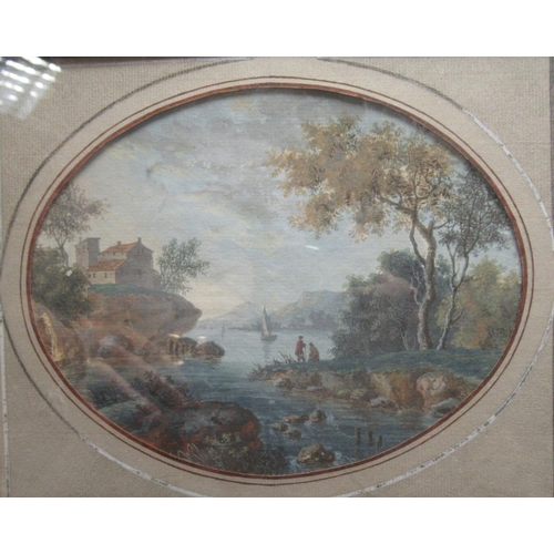 1235 - French School (C19th): Anglers in an extensive river landscape, watercolour, oval, inscribed on moun... 