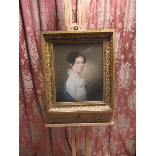 1028 - English School (C19th): Half length portrait of a lady with lace dress and yellow beads, 38cm x 31cm... 