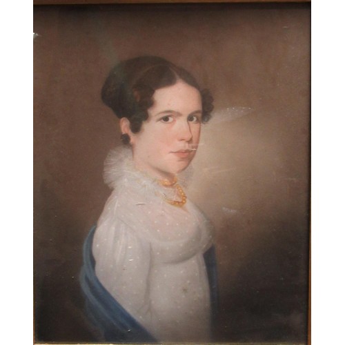 1028 - English School (C19th): Half length portrait of a lady with lace dress and yellow beads, 38cm x 31cm... 
