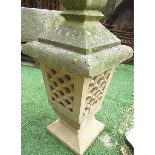 74 - Stone Japanese lantern with tapering stepped top and openwork body on square tapering base H60cm