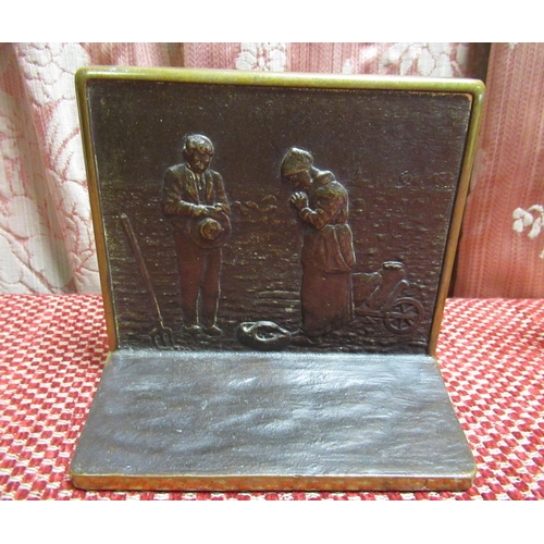 1492 - Pair of American bronze rectangular bookends, relief decorated with agricultural and farm workers st... 