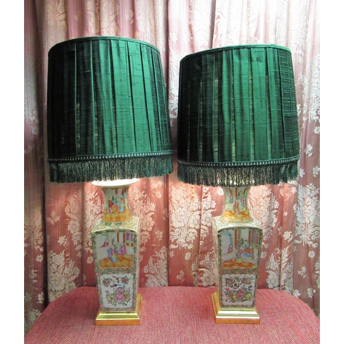 1008 - Pair of large Canton table lamps, square tapering bodies with trumpet necks, decorated in panels in ... 
