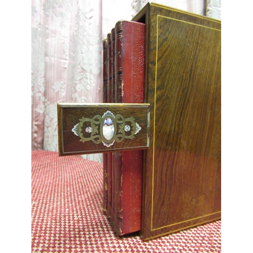 1058 - Late Victorian satinwood strung rosewood desktop bookcase, sprung loaded base releasing four hand wr... 