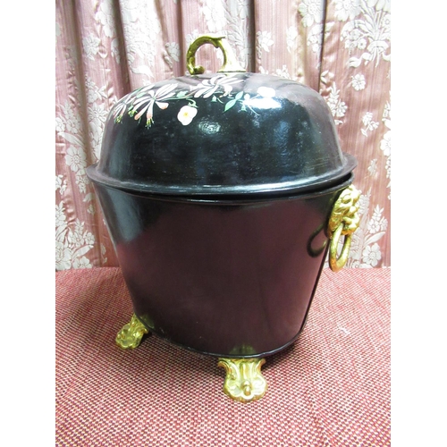 1046 - Regency style oval fuel bin, with gilt handles and feet, domed cover bargeware style painted with fo... 