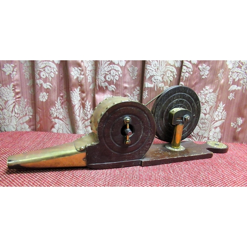 1049 - Pair of late C19th brass and oak mechanical fire bellows L60cm