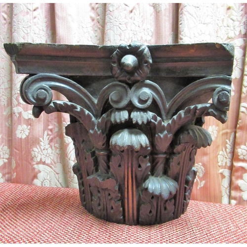 1056 - Victorian oak column capital, carved with C scroll and acanthus, W30cm H29cm, a pair of oak and leat... 