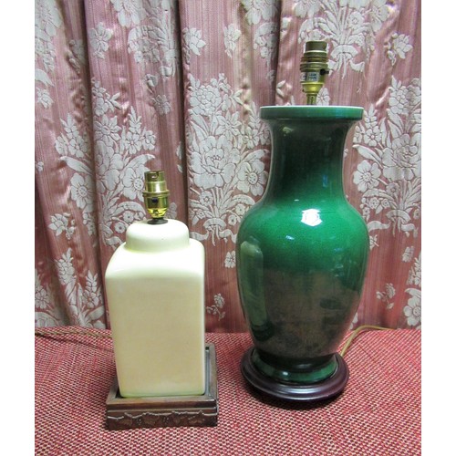 1121 - Vintage table lamp, green crackle glazed baluster body on stepped wooden base, H47cm and a Chinese s... 