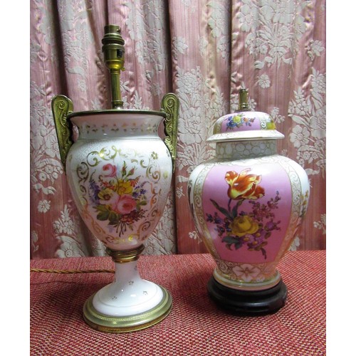 1122 - French porcelain table lamp, the urn shaped body painted with a profuse floral spray in a reserve pa... 