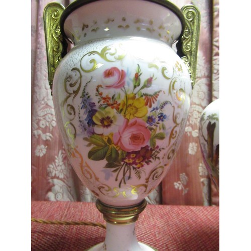 1122 - French porcelain table lamp, the urn shaped body painted with a profuse floral spray in a reserve pa... 