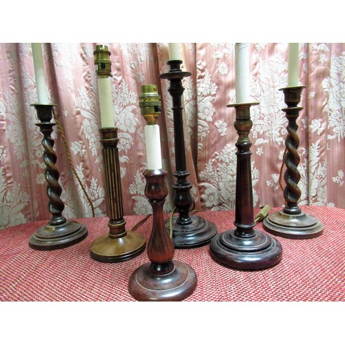 1223 - Pair of oak barley twist column candlestick table lamps H56cm, a similar lamp with plain turned colu... 