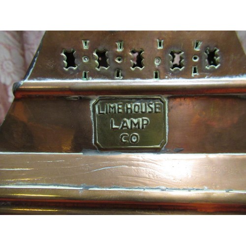 1048 - Limehouse Lamp Co copper bulkhead caddy top candle light, three glazed panels and hinged door, H30cm... 