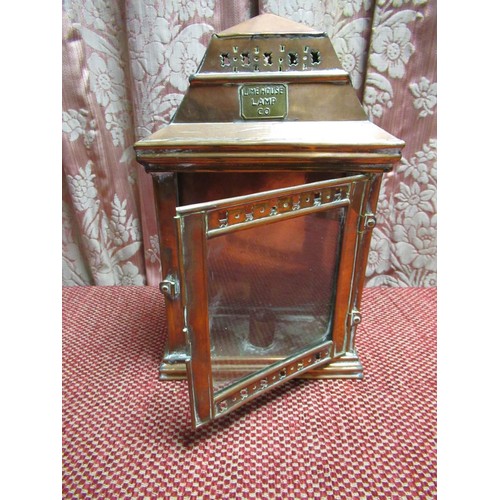 1048 - Limehouse Lamp Co copper bulkhead caddy top candle light, three glazed panels and hinged door, H30cm... 