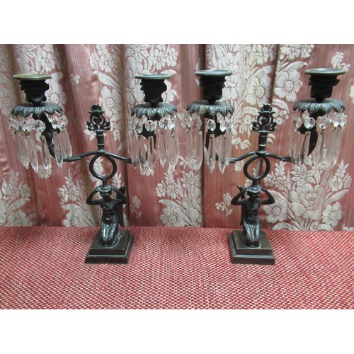 1465 - Pair of Regency bronze Neoclassical style candelabra, the twin branches with urn and leaf cast sconc... 