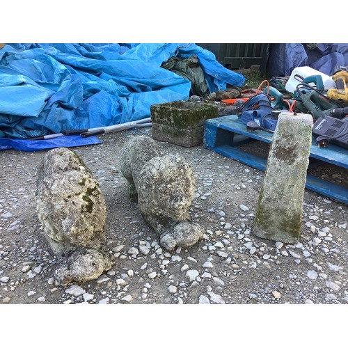 121 - Pair of composite stone lions (1 A/F) and a composite stone bird bath
