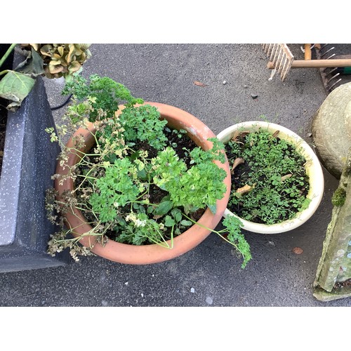 157 - Pair of black plastic square planters and two others