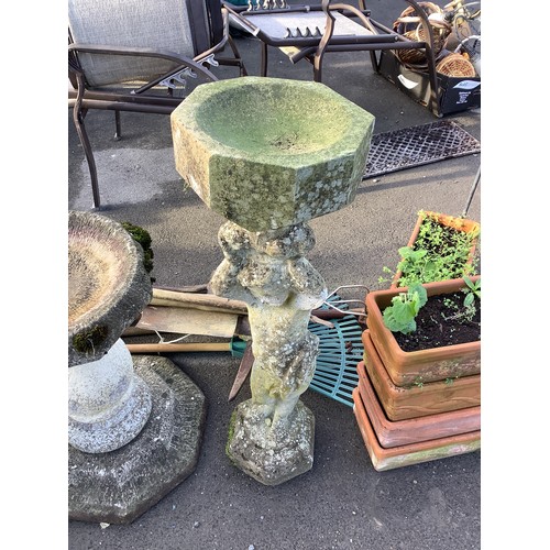 161 - Composite stone birdbath, plinth depicting small child in robe