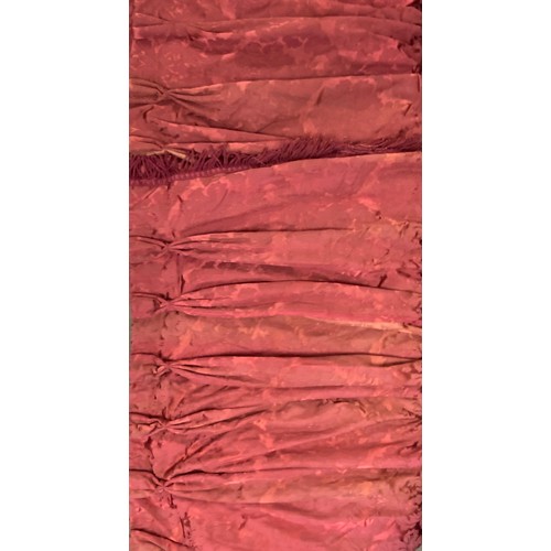 1351 - Pair of wine red curtains and a matching swag with fringed edging (L49