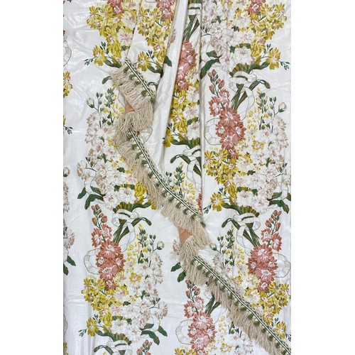 1354 - Three pairs of yellow floral curtains, a matching pelmet and a King size valance (8)