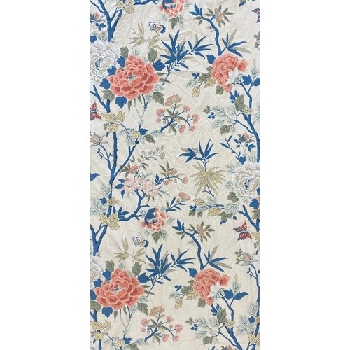 1349 - Pair of blue and coral floral decorated curtains L84