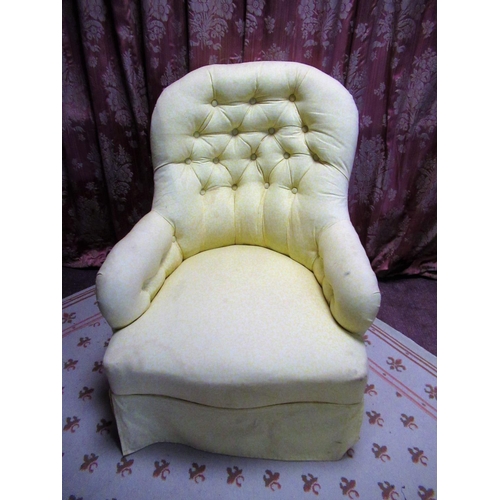 1327 - Victorian upholstered nursing chair, arched button back and scroll arms on parcel gilt turned taperi... 