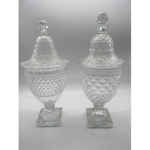 1514 - Pair of large late C19th glass bonbonierre and covers with hobnail cut urn shaped bodies on square s... 