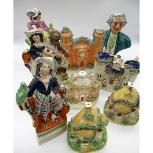 1530 - Collection of C19th and later Staffordshire models including Bonnie Prince Charlie with bird of prey... 