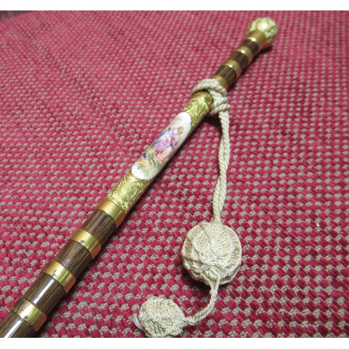 1498 - Victorian French parasol, the gold plated banded rosewood Sevres style porcelain inset handle painte... 