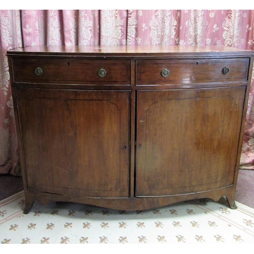 1453 - Maple & Co. Regency style mahogany bow front sideboard outlined with ebonised stringing, two cockbea... 