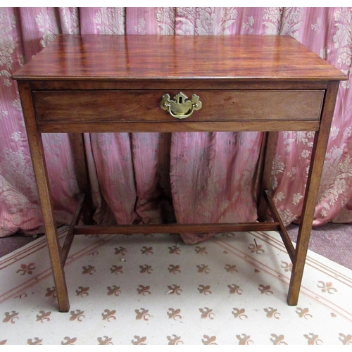 1455 - Small Geo. III mahogany side table with single drawer on slender square supports with H stretcher W7... 