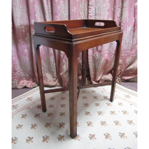 1457 - Small Chippendale style mahogany tray top side table, galleried top with pierced carry handles on sq... 