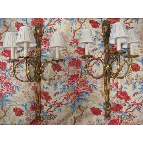 1212 - Pair of C20th French cast gilt metal wall lights, three French horn scroll branches with ribbon-tied... 